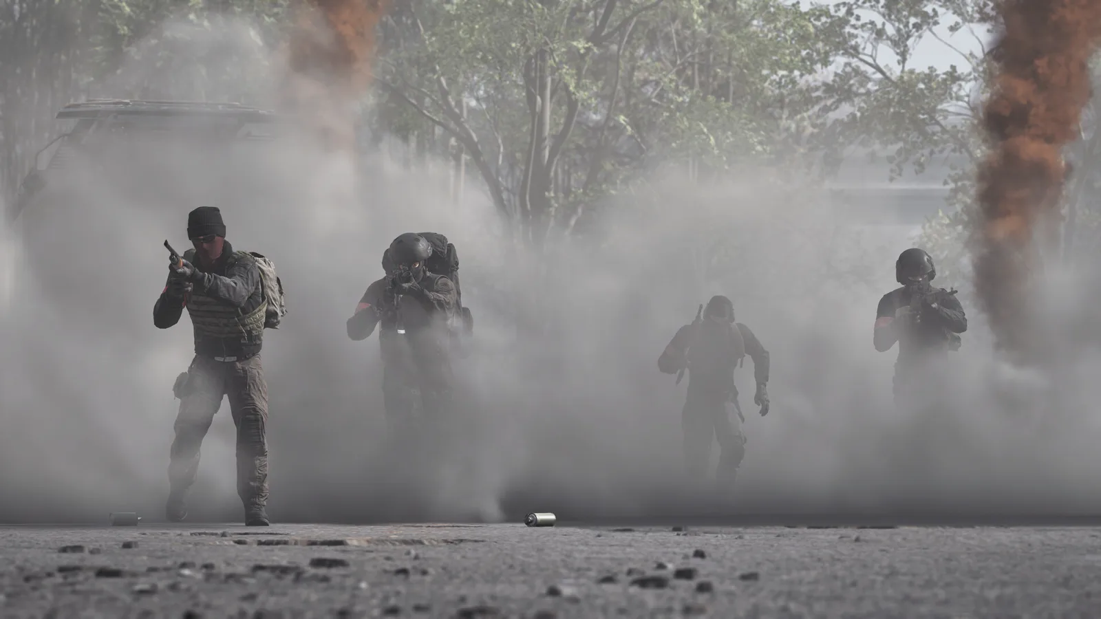 WARDOGS four-player squad advancing through a smoke screen at the start of a control-zone match