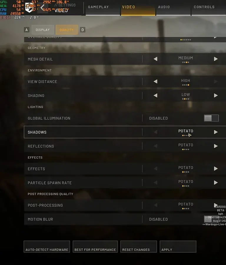 WARDOGS quality settings menu with shadows set to potato for visibility alongside mesh detail and view distance options