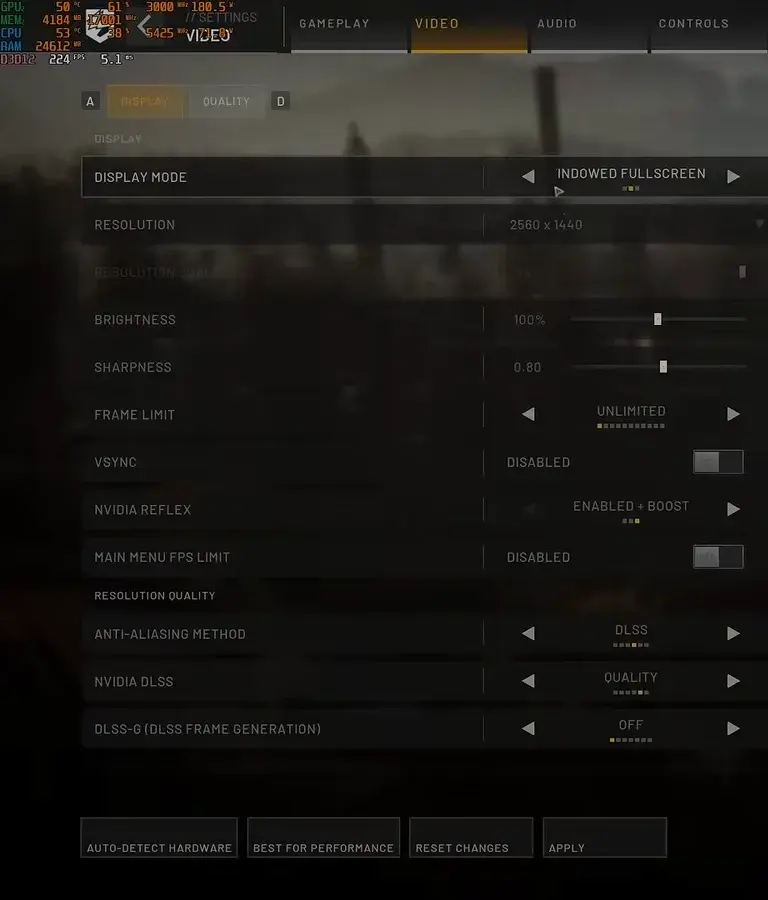 WARDOGS video settings menu showing NVIDIA Reflex enabled plus boost, unlimited frame limit, V-Sync disabled and DLSS anti-aliasing