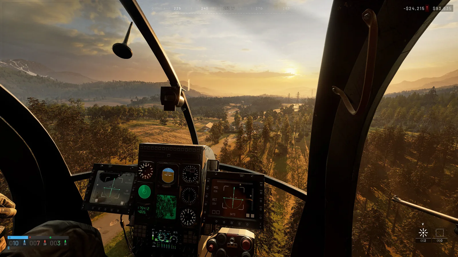 WARDOGS cockpit HUD showing the cash balance, compass tape and squad status readouts during a helicopter flight