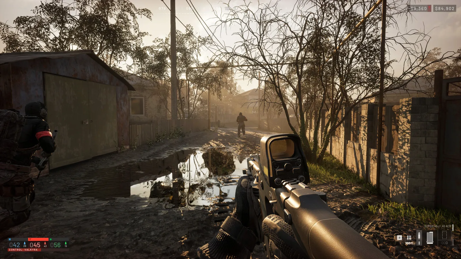 WARDOGS first-person view across open terrain at sunset with long-range visibility and the standard HUD active