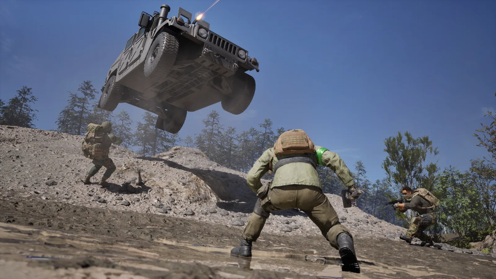 WARDOGS Humvee light vehicle jumping a dune with infantry below in combined-arms gameplay