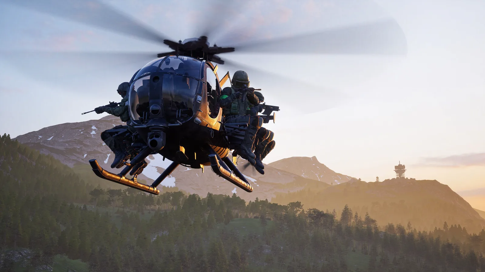 WARDOGS Little Bird helicopter carrying a full squad with door gunners mounted during an insertion over mountain terrain